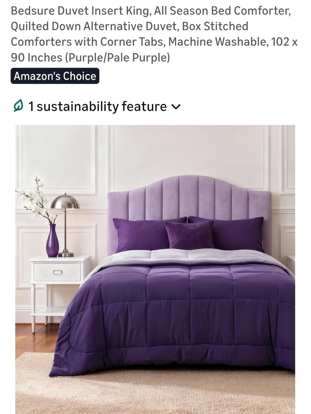 Bedsure Purple King Comforter - Reversible All-Season Quilted Comforter
